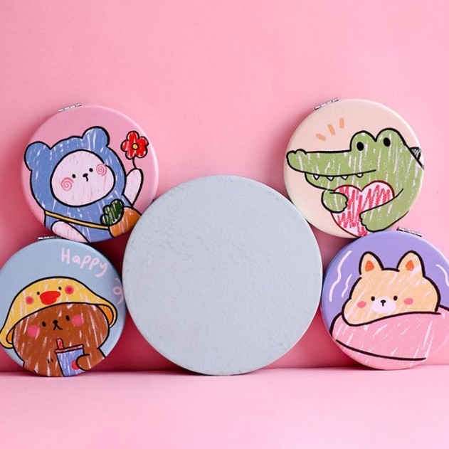 Gương tròn trang điểm Mua Tất cầm tay 2 mặt hình vẽ thú chibi (muatatshop)