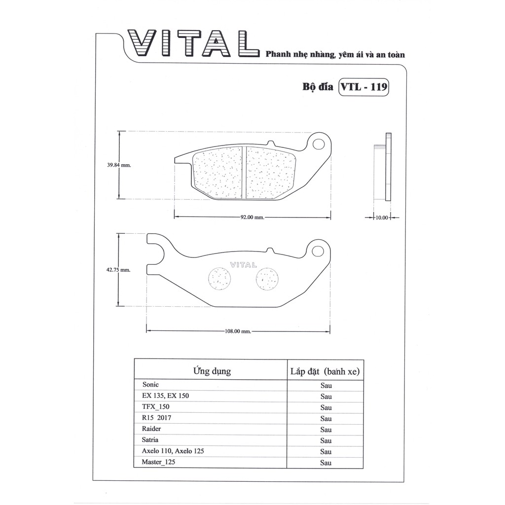 Combo bố thắng đĩa cho xe R15 2017 trước và sau hiệu VITAL - Má phanh xe máy, bố thắng đĩa VITAL chính hãng Thái lan