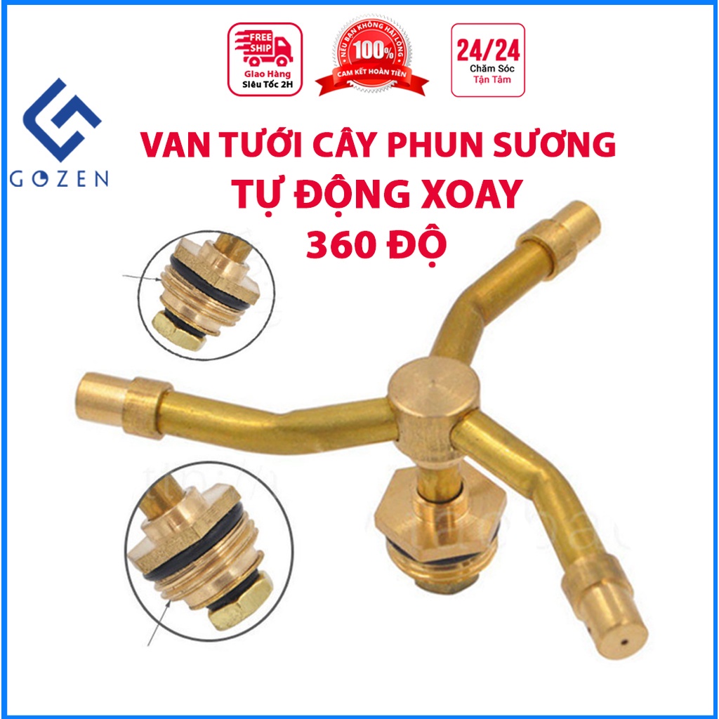 Béc tưới cây phun sương tự động xoay tròn 360 độ, đầu van 3 đầu tưới vườn bằng đồng phun xa 25m ( tặng kèm chân van )
