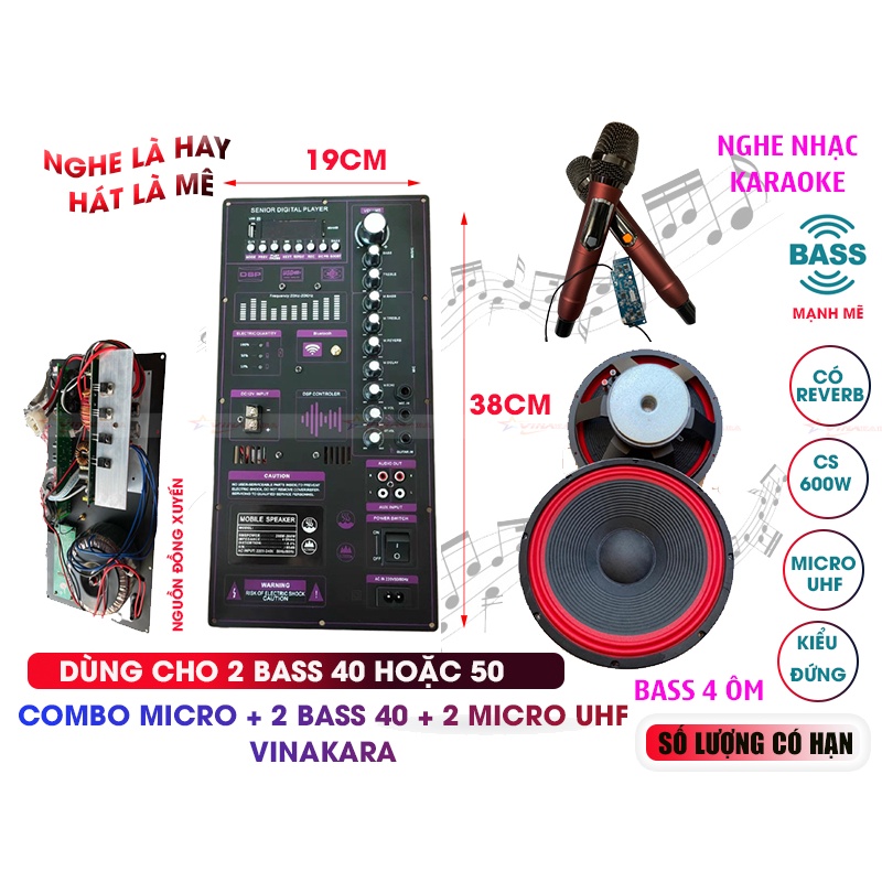Combo phụ kiện loa kéo 3 in 1 ( mạch 19x38 + 2 bass 40 4 ôm + 2 Micro UHF) cao cấp, hát nhẹ, tiếng hay