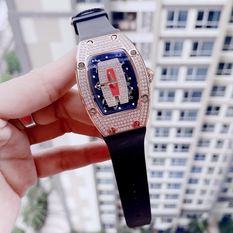Đồng Hồ Huboler Hanboro Nữ Dây Silicon Đen Mặt Đính Đá Rose Gold 31x42mm Authentic