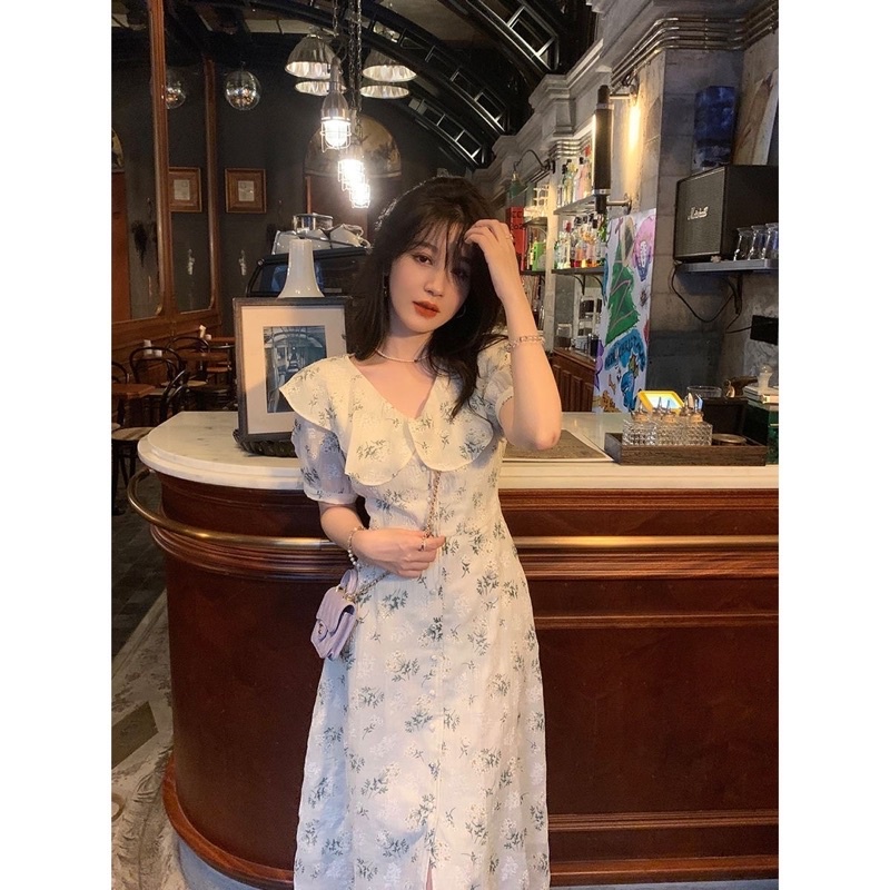 Đầm hoa nhí dáng xoè dài cổ lá sen taobao order