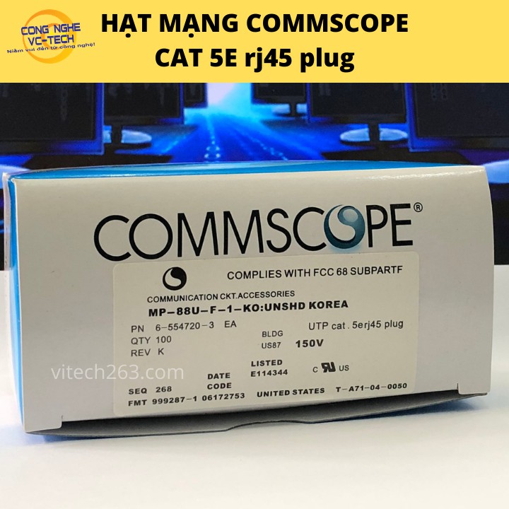 Combo hộp 100 hạt mạng COMMSCOPE CAT 5E rj45 plug-Chân đồng chống OXY hóa-Hàng chính hãng 100%