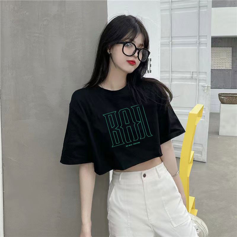 AMOI Áo Thun Cotton Tay Ngắn Lưng Cao Dáng Rộng Phong Cách Hàn Quốc Dành Cho Nữ