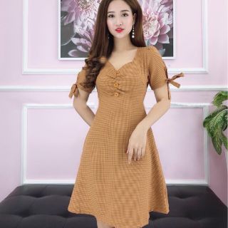 Đầm caro tay nơ