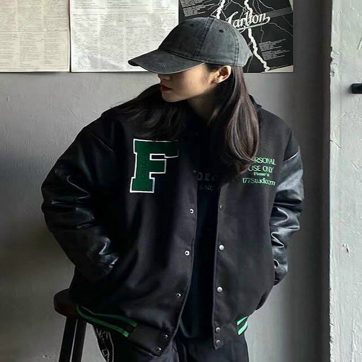 ÁO KHOÁC BOMBER nỉ PHỐI CHỮ THÊU CHU F XANH STYLE ULZZANG KUN