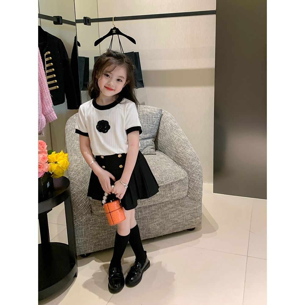 Bộ Áo Thun + Chân Váy Xếp Ly Phong Cách Preppy Thời Trang Mùa Hè 2022 Mới Cho Bé Gái