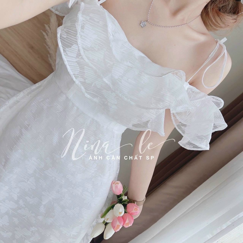 Đầm trắng trễ vai bèo cột dây tiểu thư xinh xắn Melon Dress
