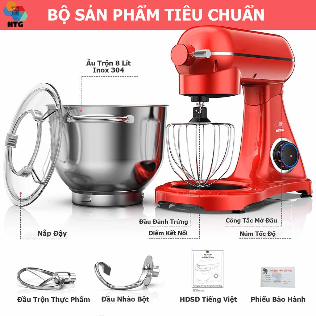 Máy nhào bột SM01 làm bánh, đánh trứng, kem, trộn thực phẩm dung tích 8 lít, 1800W mạnh mẽ, Inox 304, đa chức năng