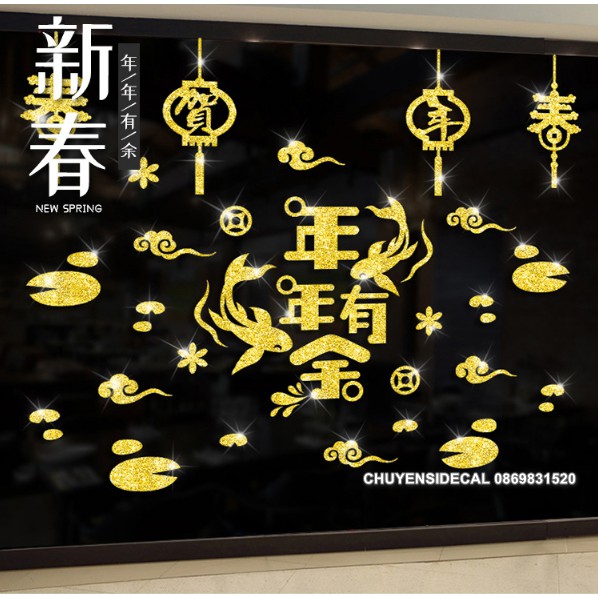 Decal trang trí Tết - Cá Rồng Nhũ Kim Tuyến Lấp Lánh