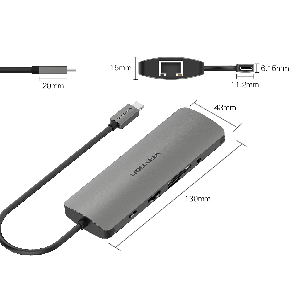 Bộ chuyển đổi USB type C Vention với 4K HDMI 3 USB 3.0 Gigabit RJ45 Ethernet cho Huawei Matebook,Dell,Samsung