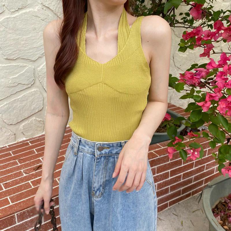 Áo Hai Dây Dệt Kim Màu Trơn Dáng Ôm Phong Cách Gợi Cảm Cho Nữ