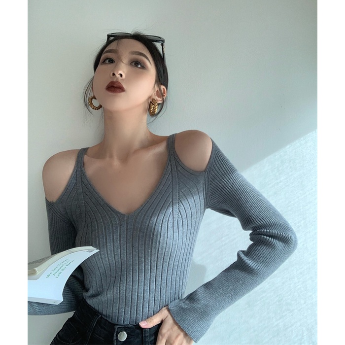 QKOOLE  Áo crop top Nữ Tay Dài Trễ Vai Quyến Rũ