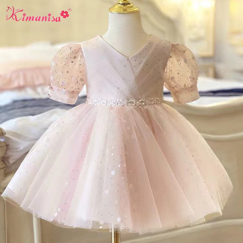 Đầm Công Chúa Ngắn Phối Ren Chấm Bi Màu Hồng Dễ Thương Thanh Lịch Cho Đám Cưới