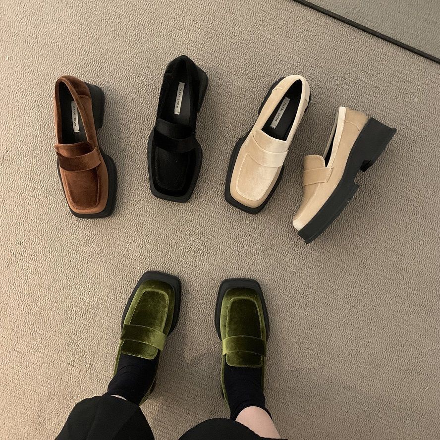 Giày Lười Mary Jane Đế Dày Tăng Chiều Cao Bằng Nhung Màu Vàng Phong Cách Retro Cho Nữ