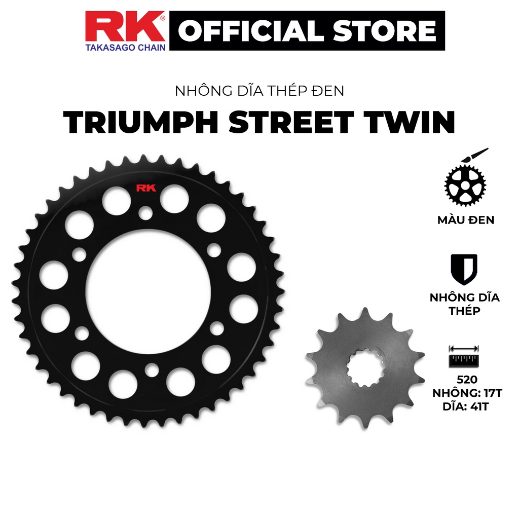 Nhông Dĩa RK Takasago chain phân khối lớn Triumph Street Twin, chất liệu: Thép mạ màu đen, độ dày Nhông Dĩa: 520