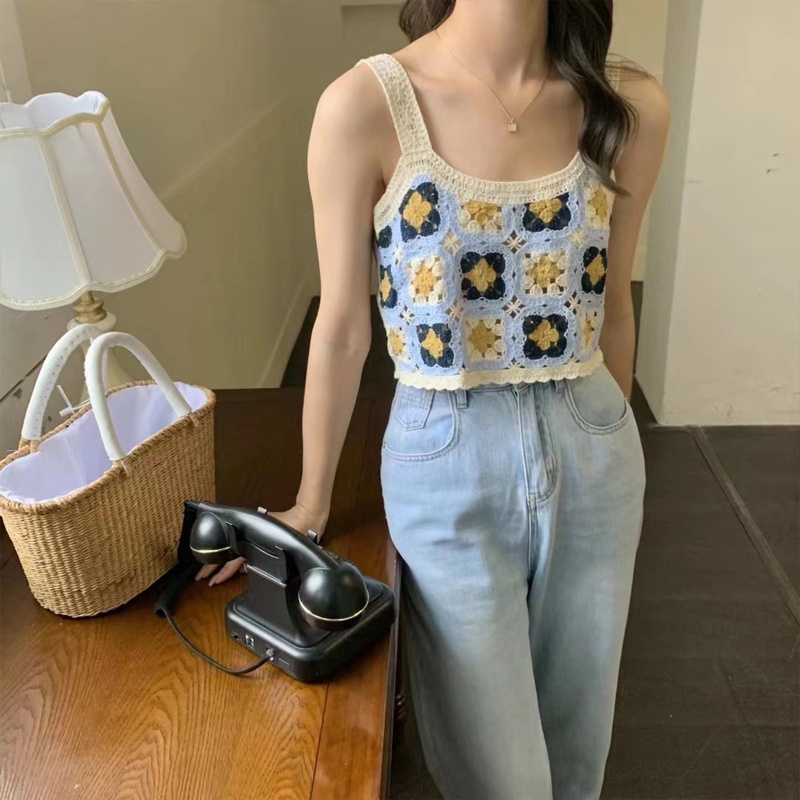 Áo Lửng Hai Dây Không Tay Họa Tiết Kẻ Sọc Màu Sắc Tương Phản Dành Cho Nữ