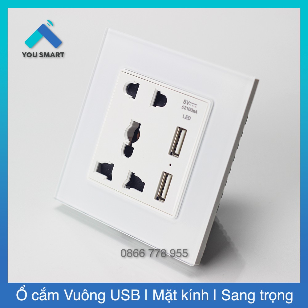 Ổ cắm Vuông kính cường lực 2 cổng USB