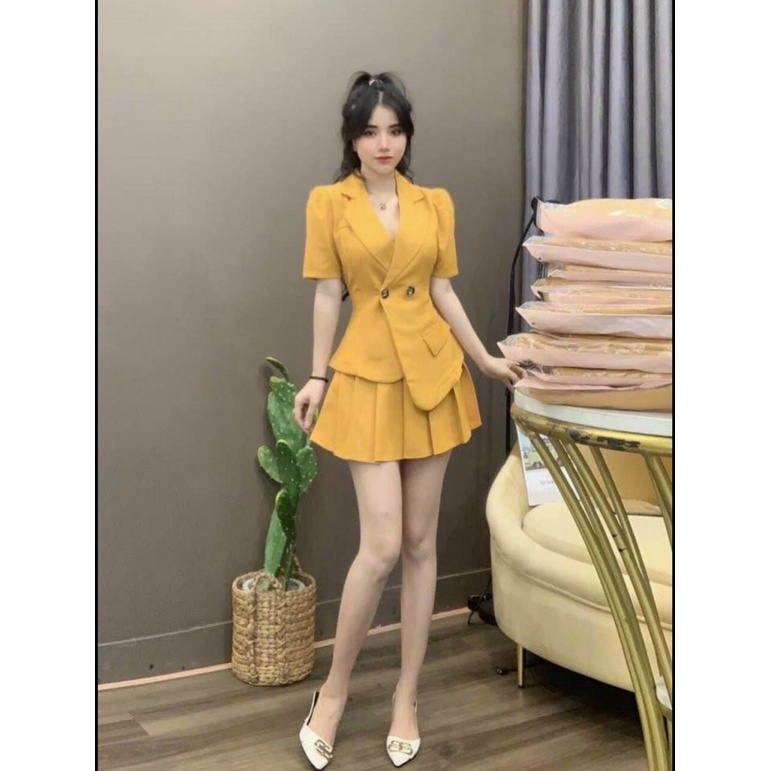 HCM]SÉT BỘ VEST KÈM CHÂN VÁY XẾP LY 3 MÓN CAO CẤP KIỂU DÁNG THỜI TRANG THỜI THƯỢNG korea fashion LT