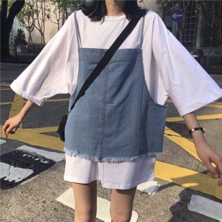 Set áo phông giấu quần + gile denim oversize Ulzzang