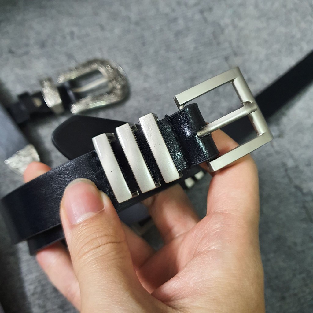 Thắt lưng da nam nữ BROO 3 sọc SLR cao cấp, dây nịt unisex Hàn Quốc màu đen bản nhỏ 2.3cm