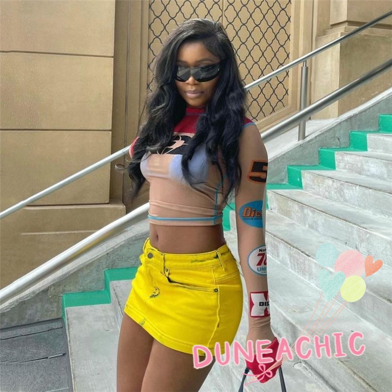 DUNEA Áo Thun Tay Dài In Họa Tiết Phối Lưới Thời Trang Cho Nữ