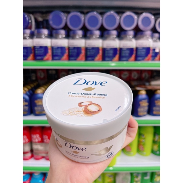 Tẩy da chết DOVE bản ĐỨC Tẩy Da Chết Toàn Thân Body DOVE Creme Dusch Peeling 225ml MACCA VÀ LỰU