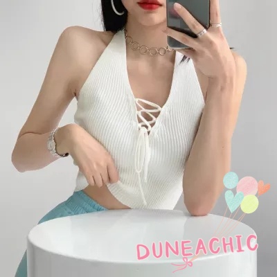 DUNEA Áo Tank Top Dệt Kim Cổ Chữ V Hở Lưng Màu Trơn Quyến Rũ