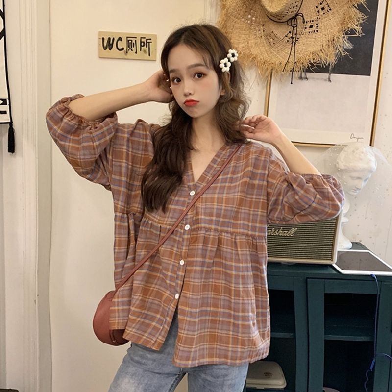 Áo sơ mi kẻ babydoll phong cách tiểu thư công chúa ulzzang hàng Quảng Châu - Có ảnh thật