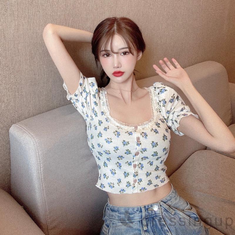 DRESSINGUP-Áo Kiểu Nữ Tay Phồng In Hoa Thời Trang