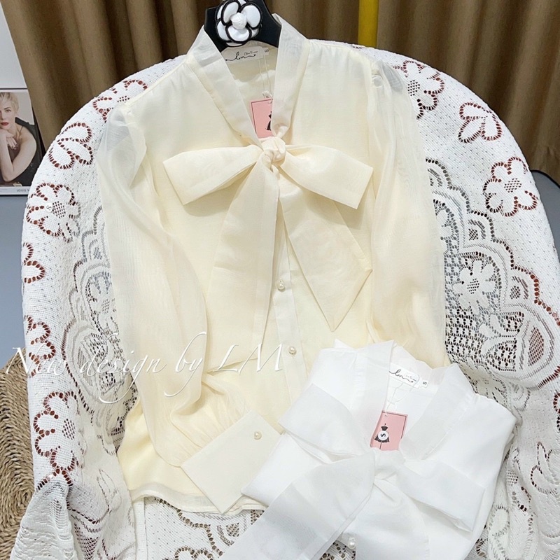 Áo voan tay phồng dài tay thắt nơ cổ 0312