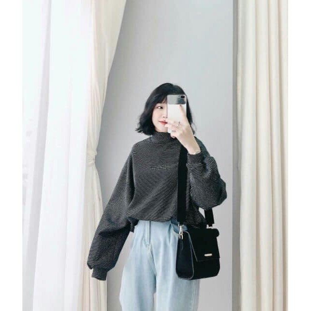 Áo Thun Dài Tay Nam Nữ Cổ Lọ Kẻ Sọc Ngang Unisex