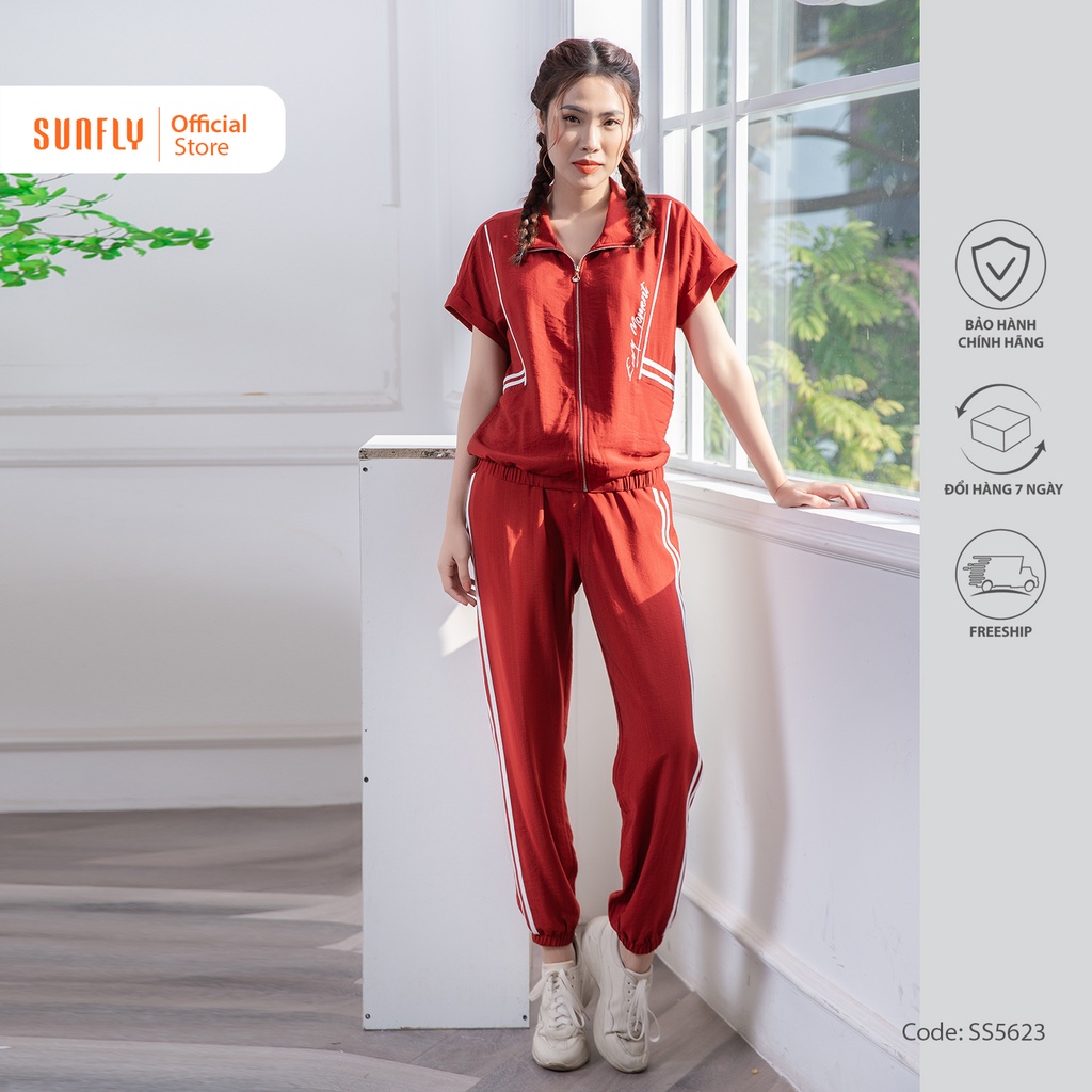 Bộ đồ mặc nhà nữ thể thao linen SUNFLY kéo khóa áo cộc tay, quần dài SS5623