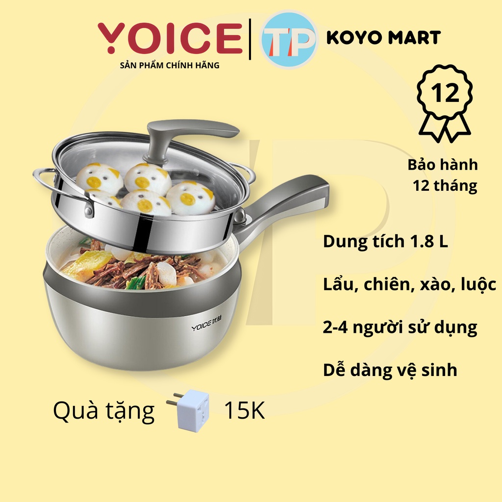 Nồi lẩu điện đa năng YOICE DGN-J01, 1.8 lít, chống dính đá, sử dụng để nấu lẩu, chiên, xào, luộc, INOX 304