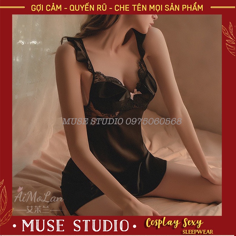 Váy ngủ sexy, Đầm ngủ hai dây bèo ngực vải santin cao cấp gợi cảm