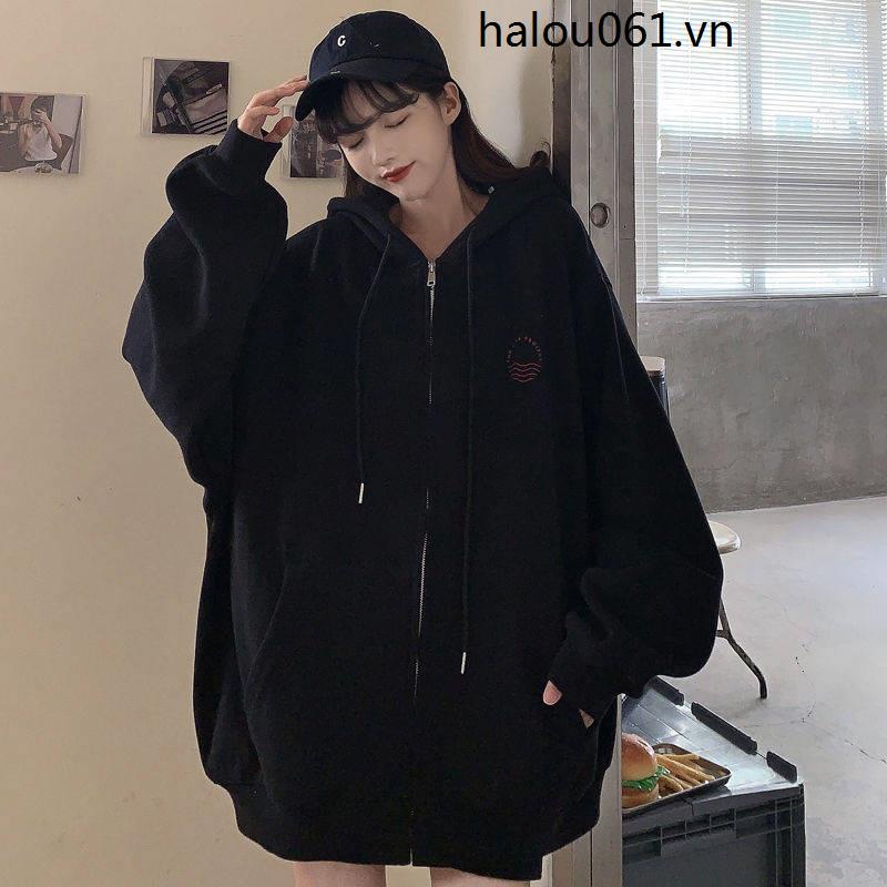 Áo Hoodie Mỏng Dáng Rộng Phối Khóa Kéo Thời Trang Xuân Thu Hàn Quốc Mới 2021 Cho Nữ