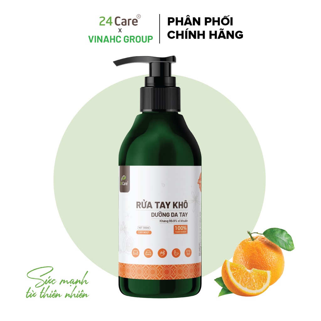 Nước rửa tay khô tinh dầu Cam Ngọt 24Care nguồn gốc thiên nhiên 300ML- có kiểm định diệt khuẩn 99,9%