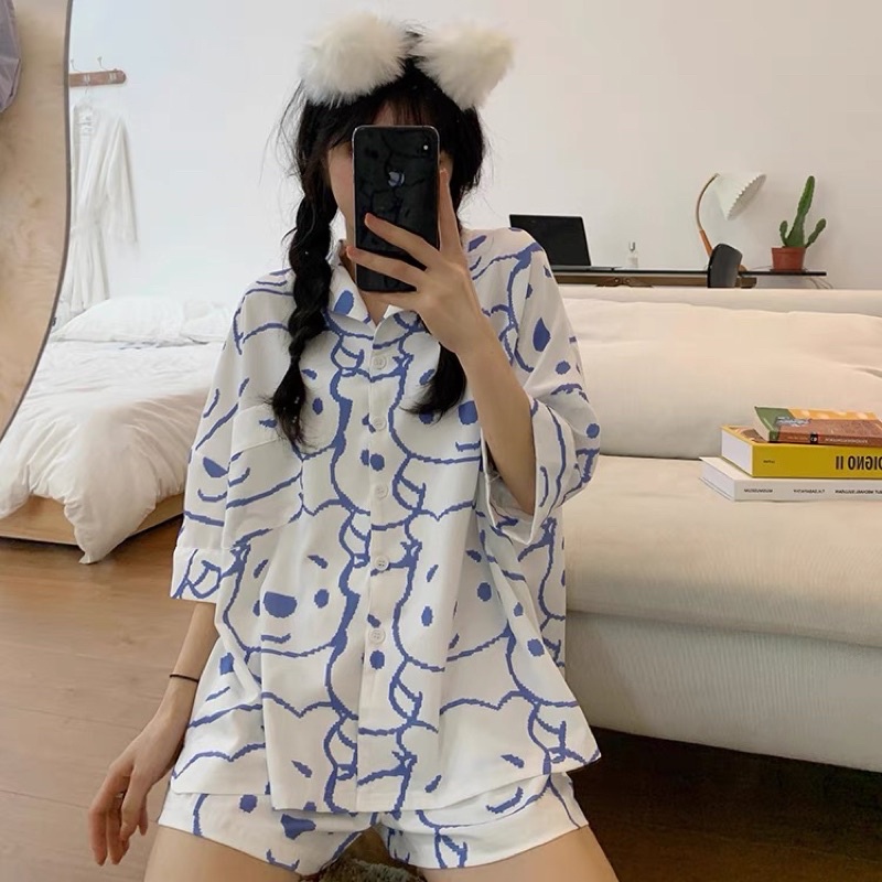 BỘ ĐỒ NGỦ, Set Pijama Mặc Ở Nhà Nữ Gấu Cute Form Rộng