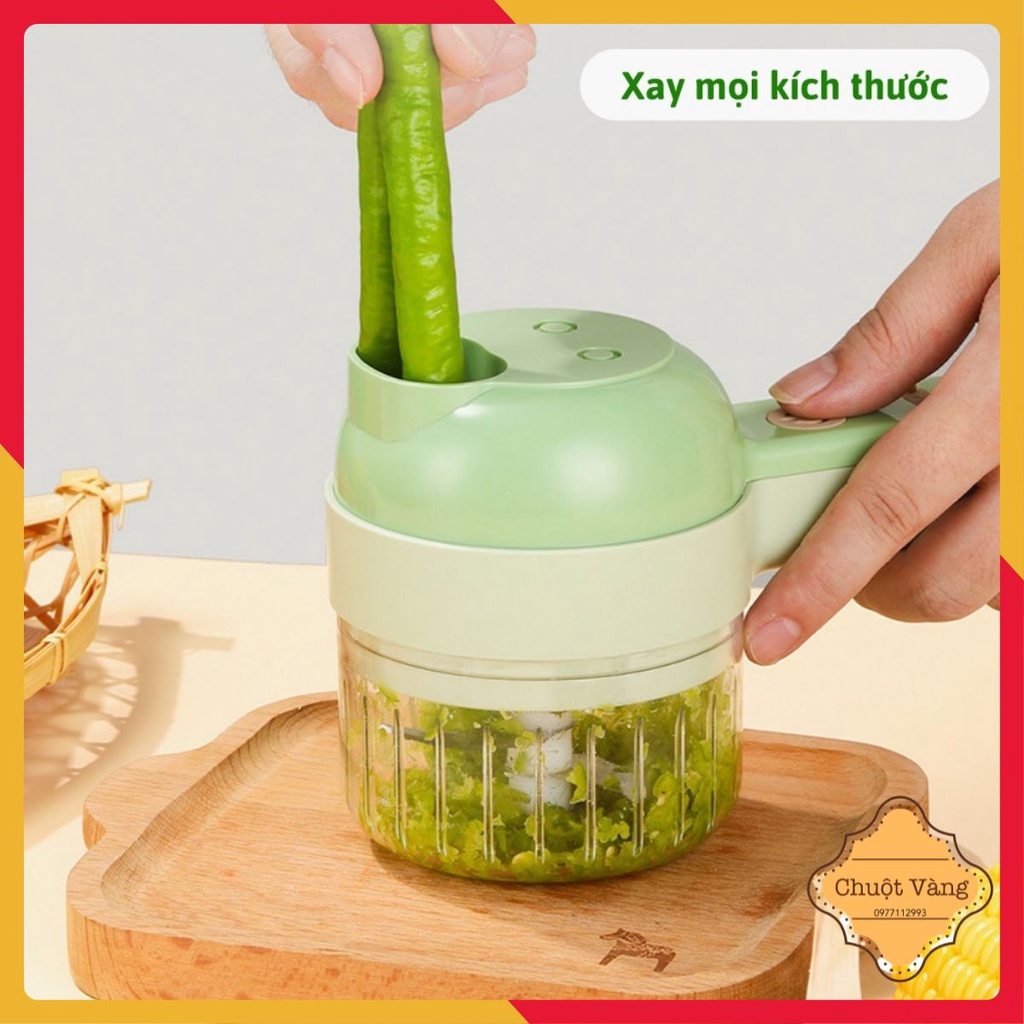 Máy Xay Cầm Tay Mini Kèm Sạc Type C, Thái Rau Củ, Máy Xay Tỏi Kèm Nạo Củ Quả Tiện Lợi