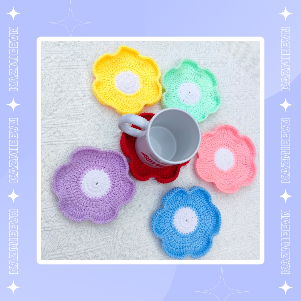 Miếng lót cốc, đế lót ly thấm nước hình hoa 6 cánh nhiều màu sắc handmade bằng vải len