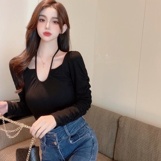 Áo croptop dài tay nữ, áo thun nữ dáng lửng đan dây cổ yếm mặc nhiều kiểu ôm body sexy hàn quốc Wikishop C1071