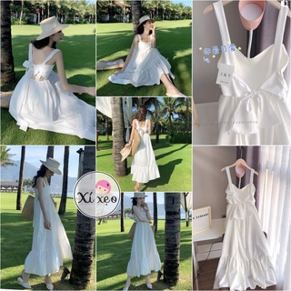 Váy 2 dây đầm maxi trắng nữ thắt nơ lưng váy dài đi biển xixeoshop - V31 .