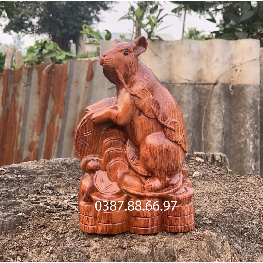 Tượng linh vật con chuột tuổi tý cao 15cm và 20cm chất liệu gỗ hương