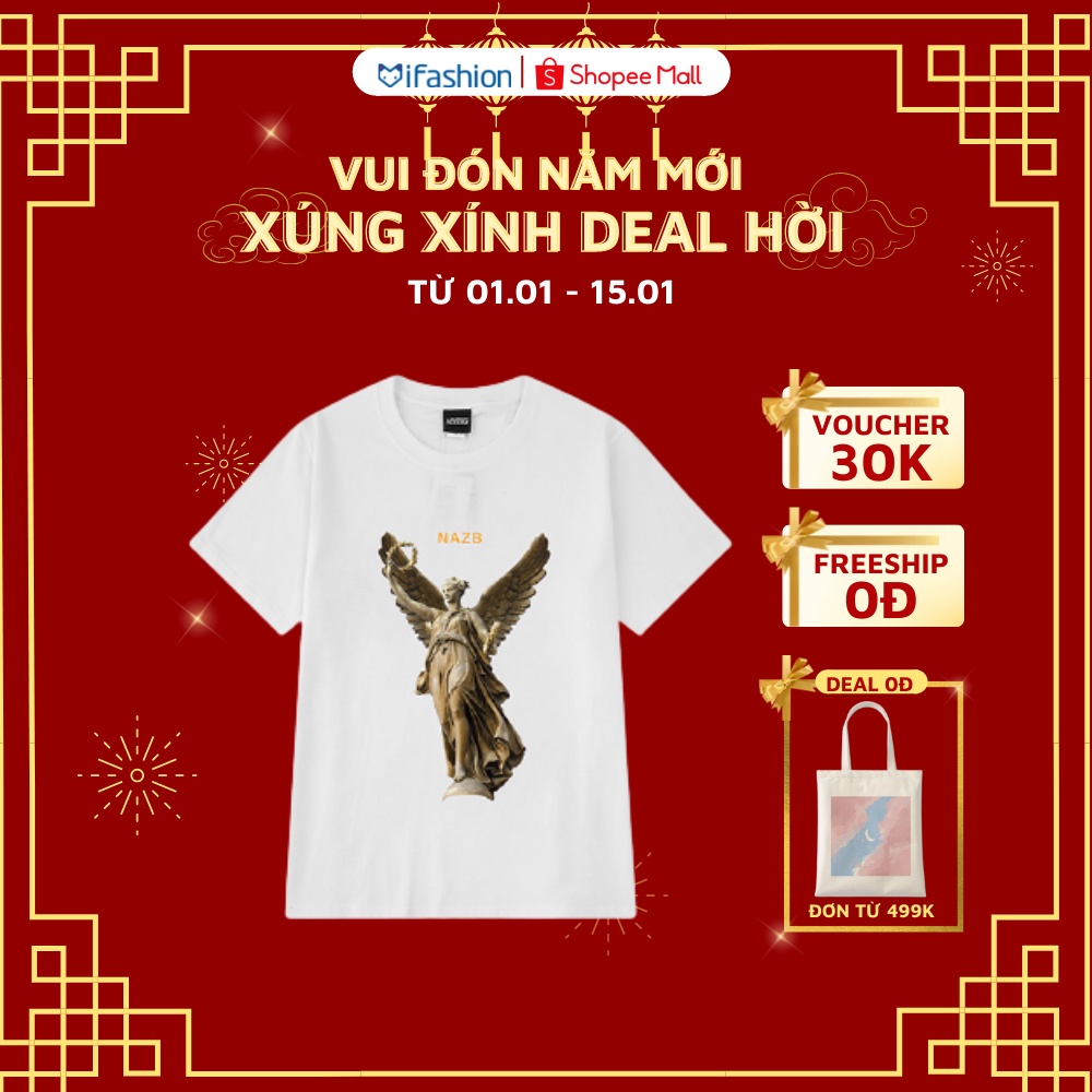 Áo thun tay lỡ IFASHION 100% cotton dáng unisex form rộng in hình tượng nữ thần có cánh N081