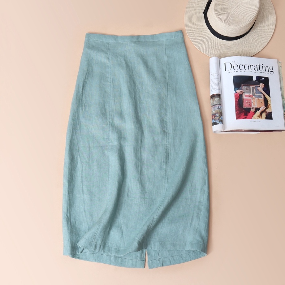 Chân váy linen tưng premium Kachisa màu xanh thanh lịch, dịu dàng