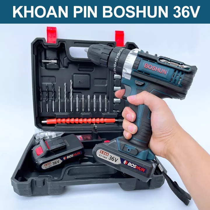 LOẠI TỐT - MÁY KHOAN PIN BẮT VÍT BOSHUN 36V - 3 CHỨC NĂNG - ĐẦY ĐỦ ĐỒ NGHỀ - KHOAN TƯỜNG BẮN VÍT