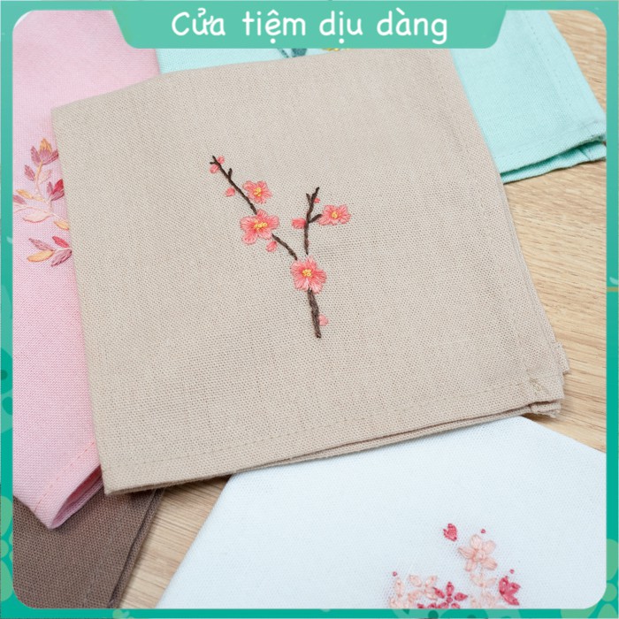 Khăn tay  vải linen thêu thủ công - mẫu hoa Đào