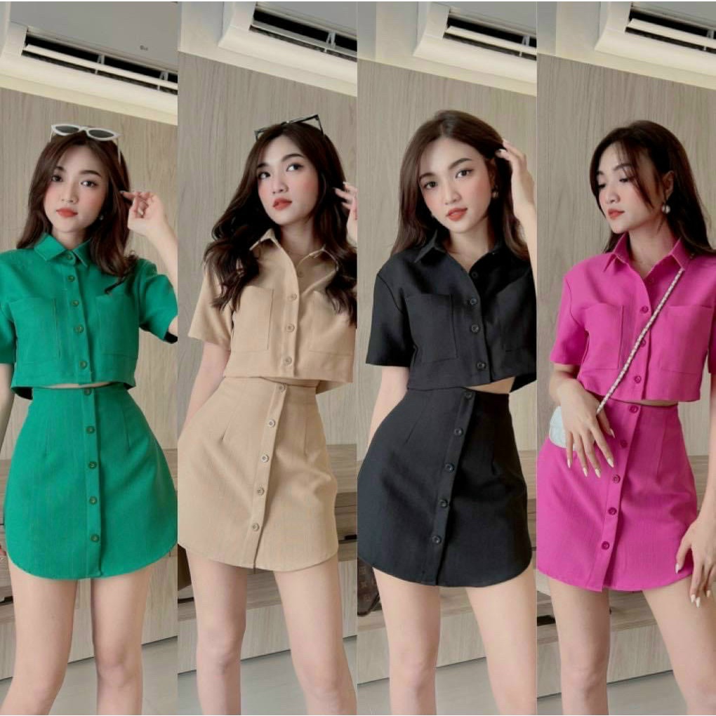 Sét bộ váy áo croptop tay ngắn cài nút thật kiểu dáng xinh xắn xì teen