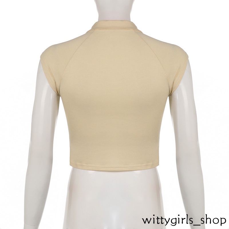 Wittygirls_ Shop | Áo Thun Crop Top Tay Ngắn Dáng Ôm Phối Khóa Kéo In Chữ Thời Trang Mùa Hè 2022