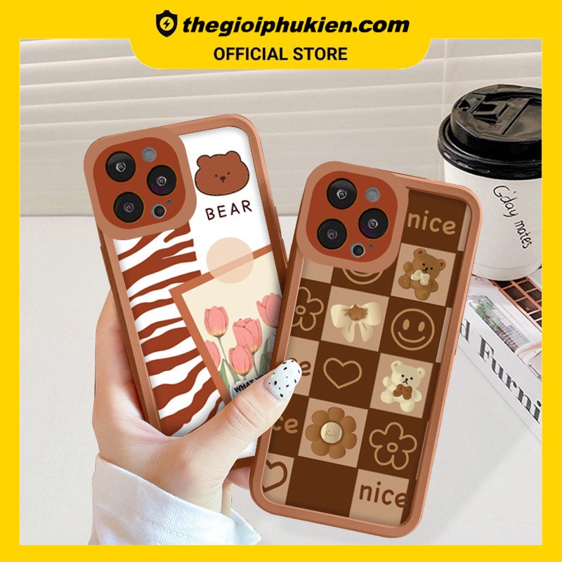 Ốp iphone - Ốp lưng iphone cạnh vuông viền camera gấu hoa dành cho ip 6 đến 14promax - G26